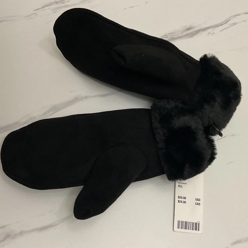 Urban Outfitters Black Faux Suede Mittens with Faux Fur Trim One Size‎ NWT